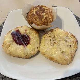 Coffee cake muffin, raspberry danish and almond danish