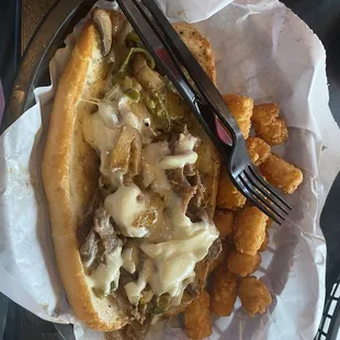 Philly cheese steak, with tater tots