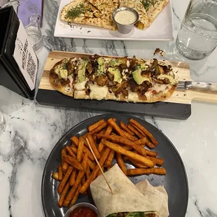 Drunken quesadilla, California flatbread, Buffalo chicken wrap