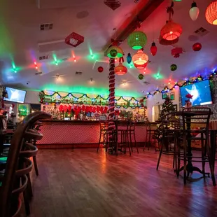 a bar decorated for christmas