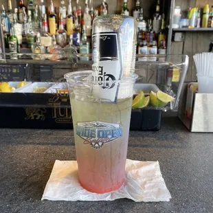 a drink in a tall glass