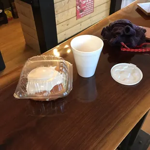 Hand crafted bar tops throughout. Cup of Bourbon coffee with fresh cinnamon roll.