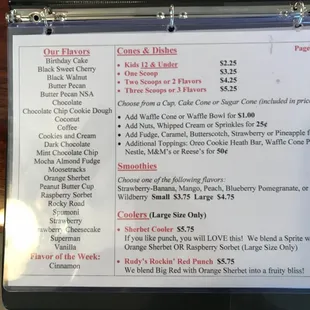 Ice cream menu.