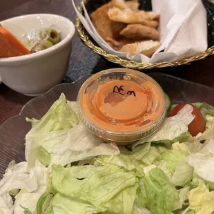 Salad and veggies and garlic crispy bread to start.