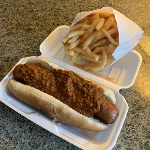 Chili dog and fries to go. Outstanding!