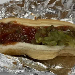 Hot dog with ketchup and relish
