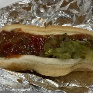 Hot dog with ketchup and relish
