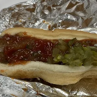 Hot dog with ketchup and relish