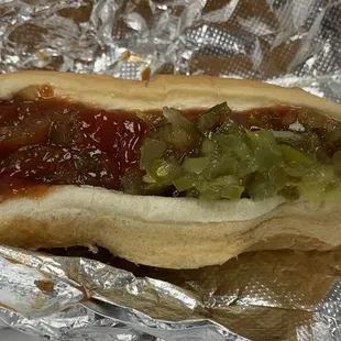 Hot dog with ketchup and relish