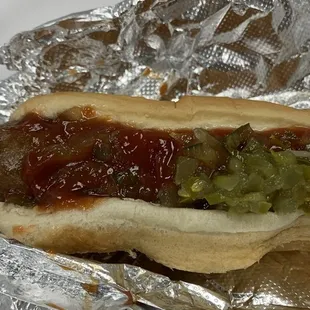 Hot dog with ketchup and relish
