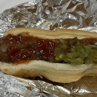 Hot dog with ketchup and relish