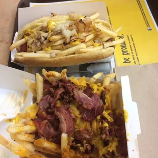 Chilli cheese fries with fry pastrami  and something call Junk yard dog