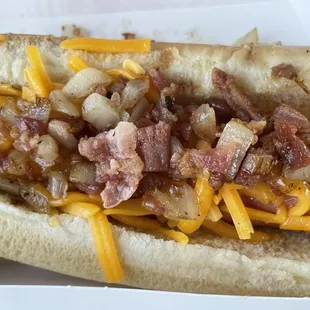 Bacon, cheddar cheese, and grilled onions Dog