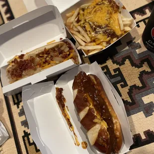 Chili Cheese Dog (with pretzel bun), BBQ Texas Dog, &amp; regular chili cheese fries.