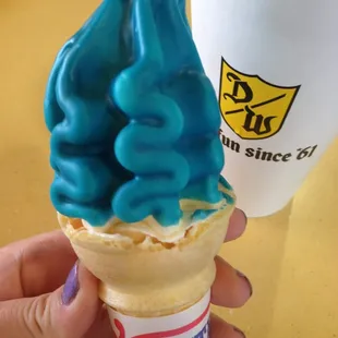 Blue raspberry dipped cone; kid in me is jumping n clapping in delight. Like soft serve and cool aid mixed.