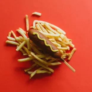 a hot dog and french fries