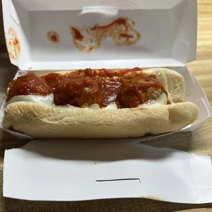 Meatball sandwich. Good amount of sauce. Really fresh bun. But not what I hoped for in a meatball sandwich.