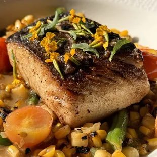 Line Caught White Bass from Santa Barbara over  grilled sweet corn succotash