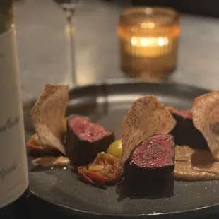 Bordeaux and Wagyu Coulotte Steak with Taro chips and taro puree