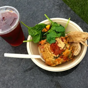 Blood orange herbal tea from t an urban tea house &amp; The Garfield vegan lasagne from The Loaded Bowl food truck