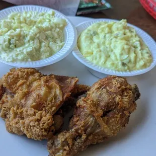 Fried Chicken.  Cole Slaw. Potato Salad (with mustard)