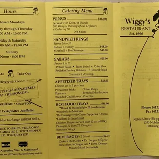 Front of new menu 11/20/2021