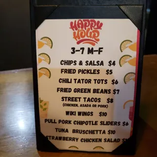 The happy hour menu