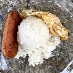 a hot dog and rice