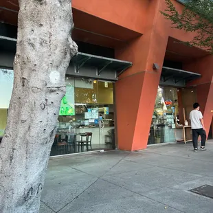 a tree in front of a restaurant