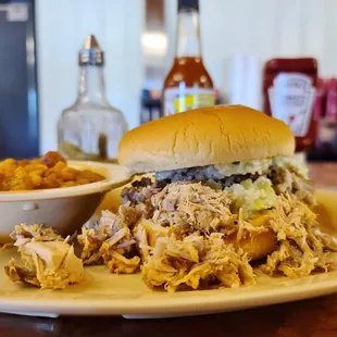 BBQ sandwich with slaw, side of brunswick stew