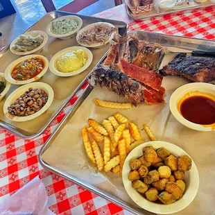 Spare Ribs, Fried Okra, fries, Skins,