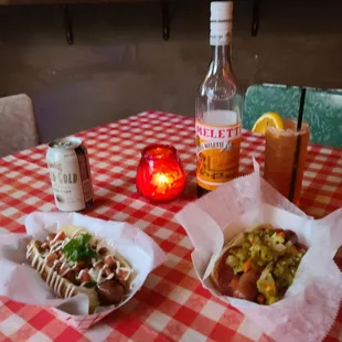 a table with food and drinks