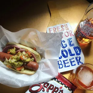 a hot dog and a beer