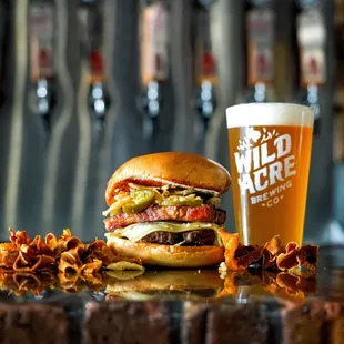 a burger and a glass of beer
