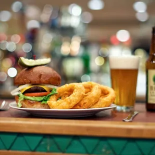 a burger and onion rings