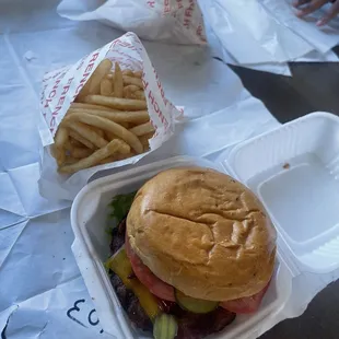 a burger and fries