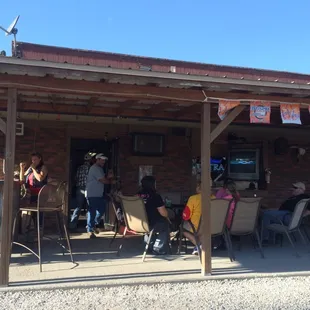 a group of people sitting outside a restaurant