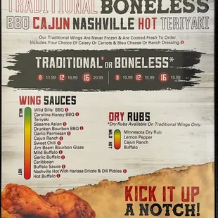 Wings, dry and traditional. Boneless and bone-in.