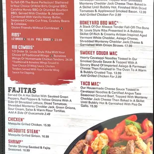 Ribs, mac n' cheese, and fajitas