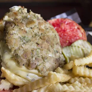 This was my gobbler burger: turkey burger, stuffing patty, cranberry and cheese served with fries.