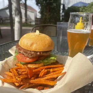 Impossible vegan burger and sweet potato fries.