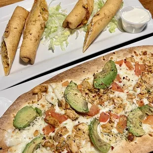 Chicken avocado flatbread and southwest egg rolls