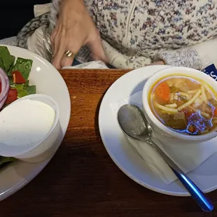 Soup (chicken noodle) and salad