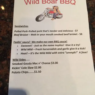 a menu for a wild boar bbq