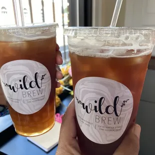 Peach bubble tea with passion fruit boba and a plain peach for mom.