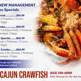 UNDER NEW MANAGEMENT 
NEW MENU SPECIALS
Exciting News!
Wild Cajun Crawfish is now UNDER NEW MANAGEMENT, and we&apos;re thrilled to