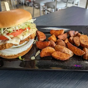 a plate of fries and a sandwich