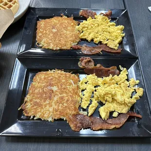 The hashbrowns, eggs, and bacon from the Belgian waffle combo and pancake combo.