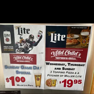 a menu for a beer and pizza