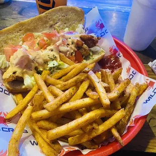 Shrimp po-boy and fries